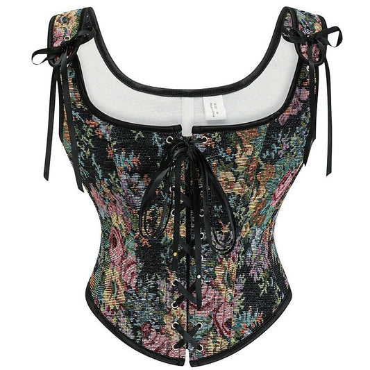 Floral Lace-up Front Vest U-Back Corset