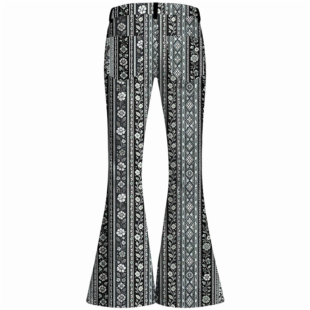 Retro 70s Striped Floral High Waist Wide Flared Trousers