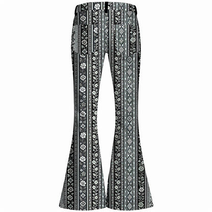 Retro 70s Striped Floral High Waist Wide Flared Trousers