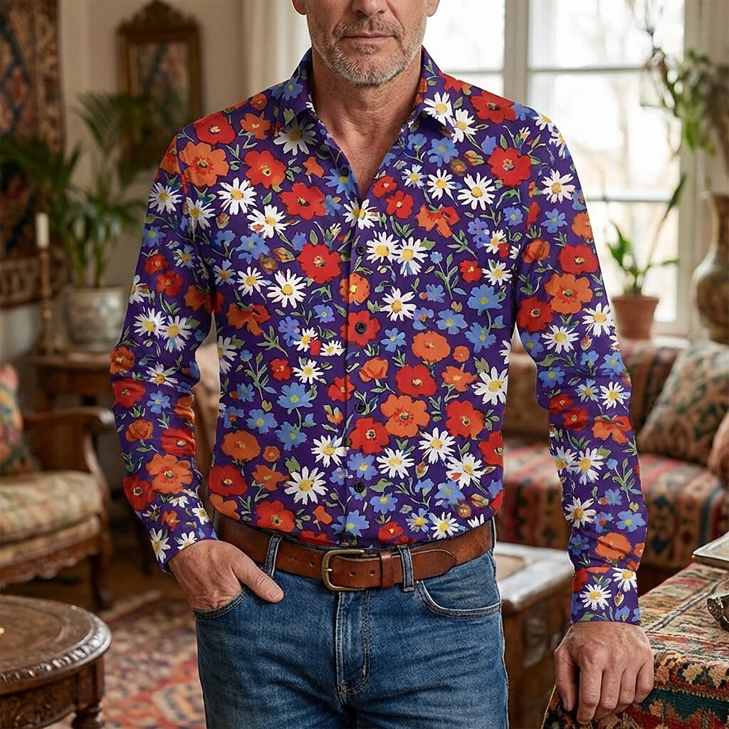 Retro 70S Vintage Floral Daisy Poppy Pattern Long Sleeves Collar Shirt