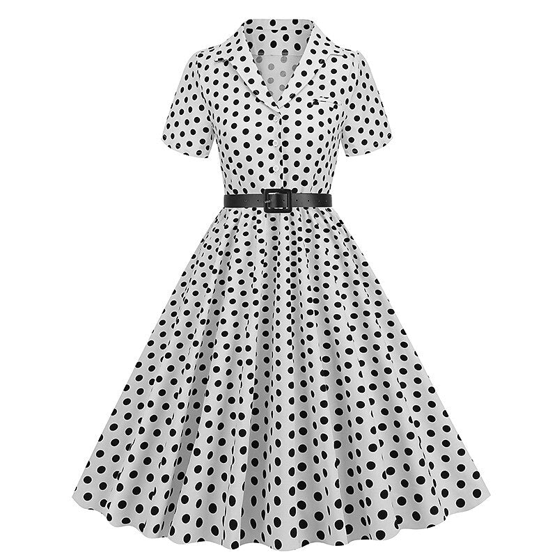 Women's 1950s Polka Dot Lapel Collar Swing Shirt Dress