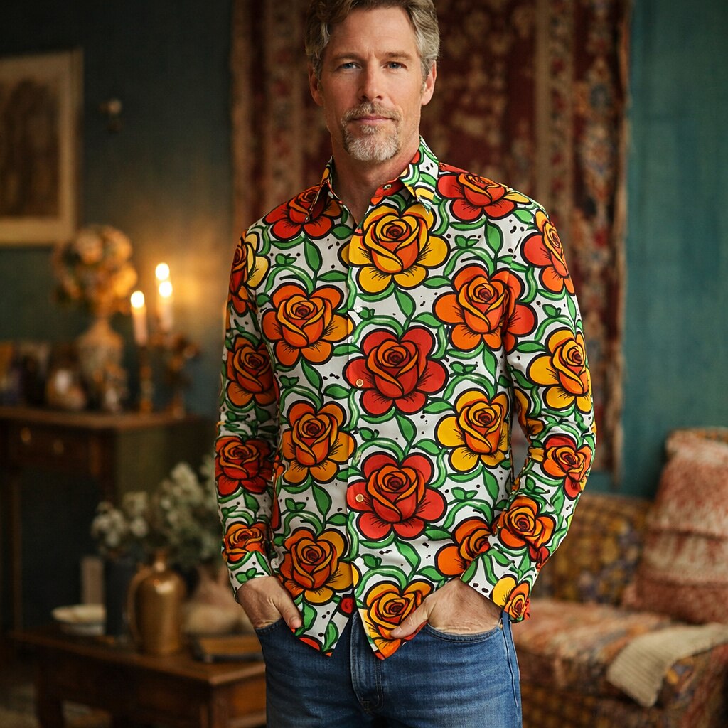 Retro 70S Psychedelic Floral Long Sleeves Collar Shirt in White