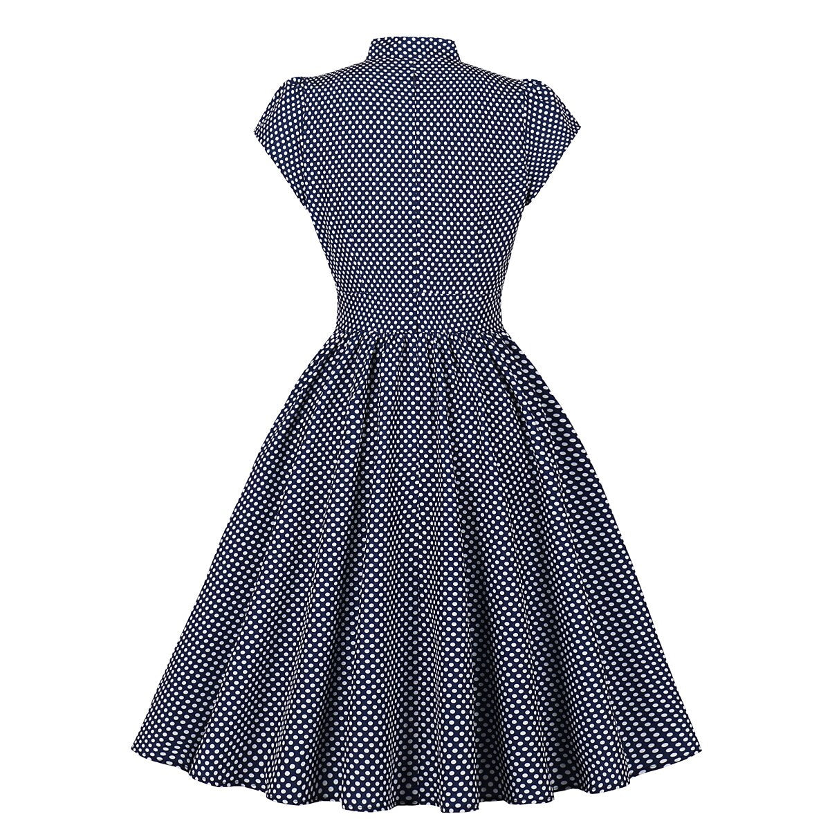 Women's 1950s Polka Dot Cap Sleeve Tie Collar Fit and Flare A-Line Dress