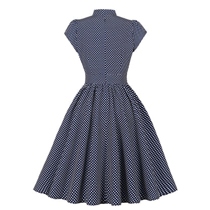 Women's 1950s Polka Dot Cap Sleeve Tie Collar Fit and Flare A-Line Dress