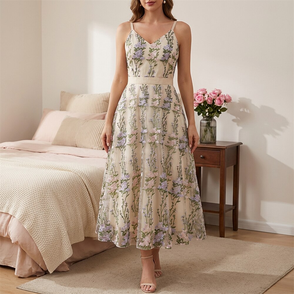 Floral Embroidered V-Neck Midi Dress