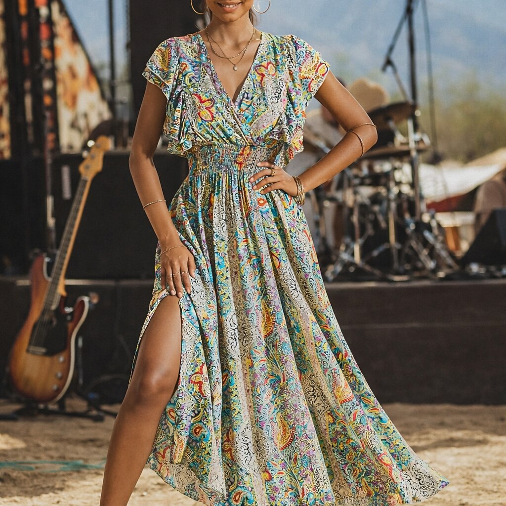 Retro 70s Bohemian Paisley Wrap Empire Waist Maxi dress