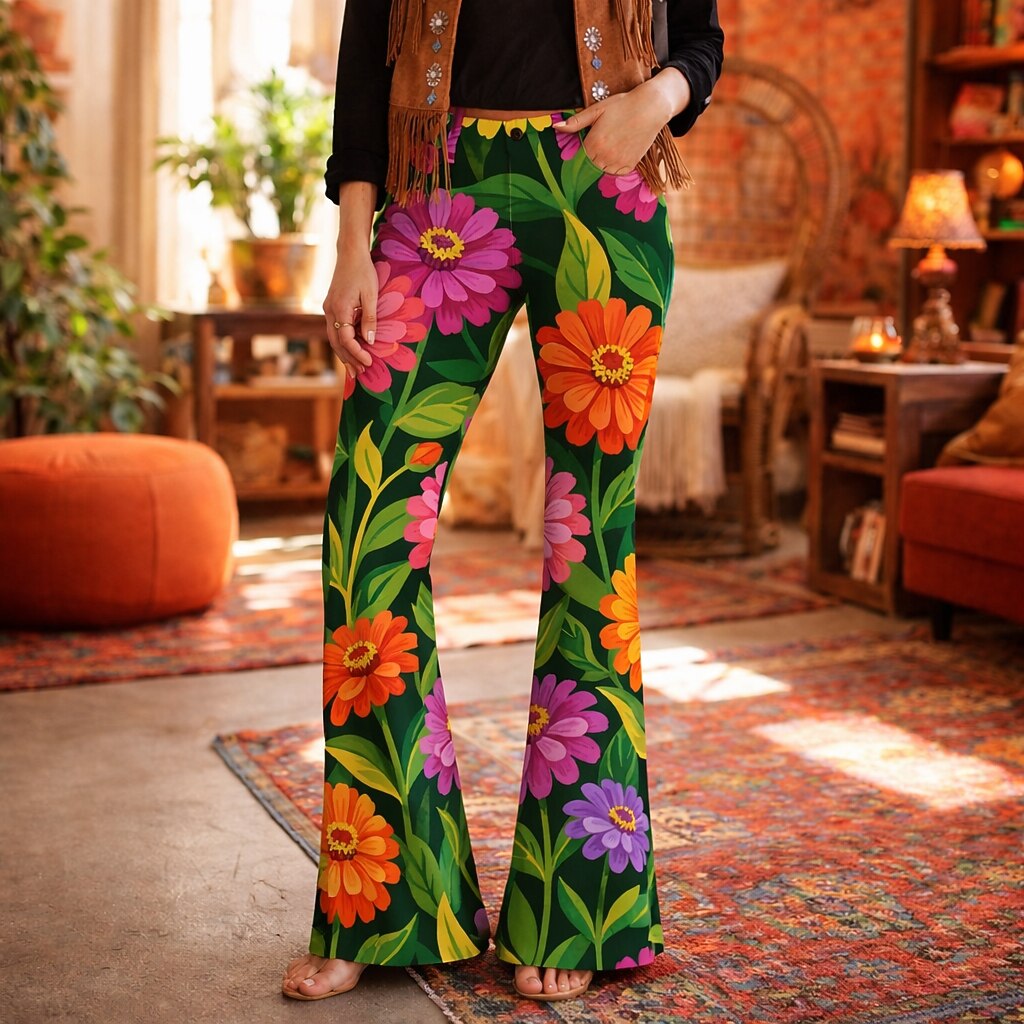 Retro 70s Bold Floral Print High Waist Wide Flared Trousers
