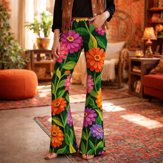 Retro 70s Bold Floral Print High Waist Wide Flared Trousers
