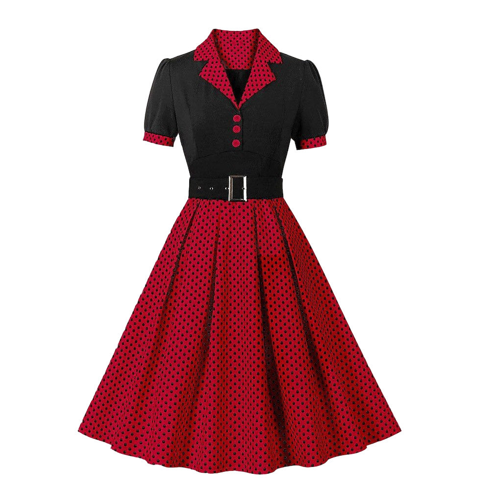 Women's 1950s Polka Dot Patchwork Lapel Collar Belted A-Line Rockabilly Dress