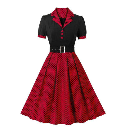 Women's 1950s Polka Dot Patchwork Lapel Collar Belted A-Line Rockabilly Dress