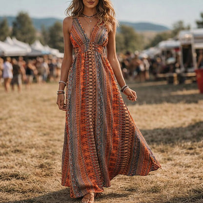 Retro 70s Bohemian Ethnic V-neck Empire Waist Flowy Maxi Dress