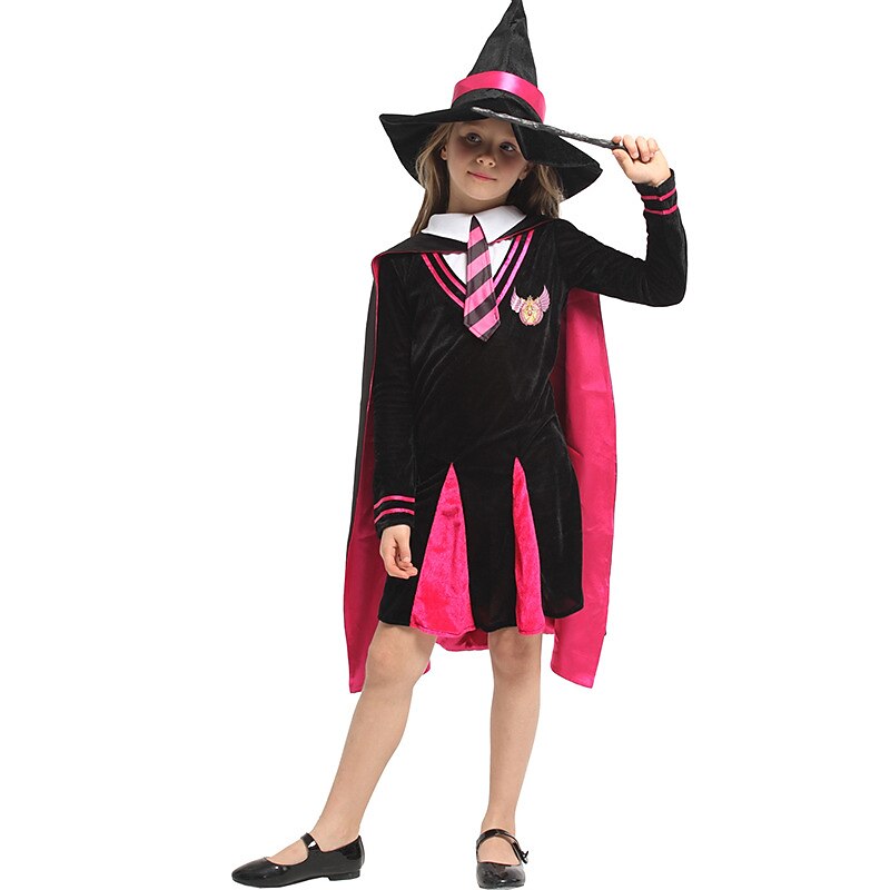 Girls Witch Costume Black Pink Dress with Hat