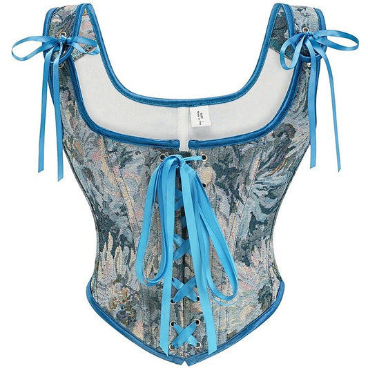Floral Blue Brocade Lace-up Front Corset Vest