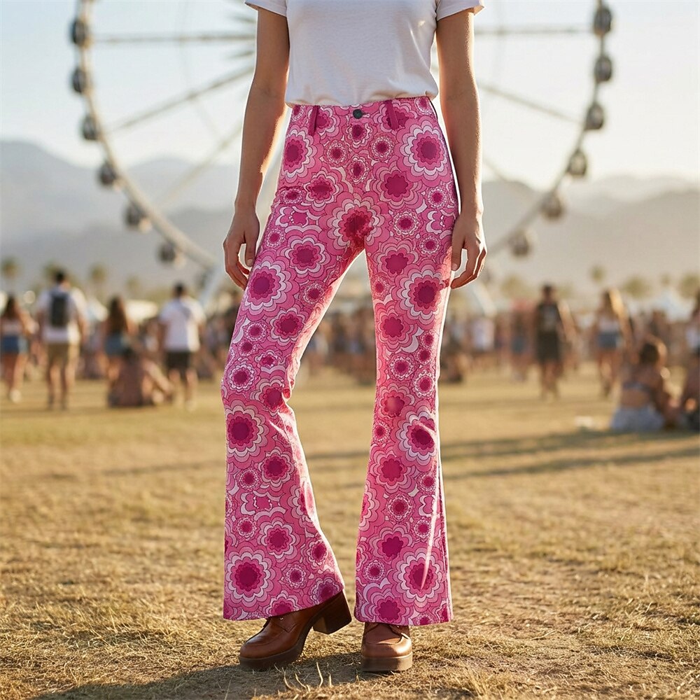 Retro 70s Geometric Floral High Waist Wide Flared Trousers