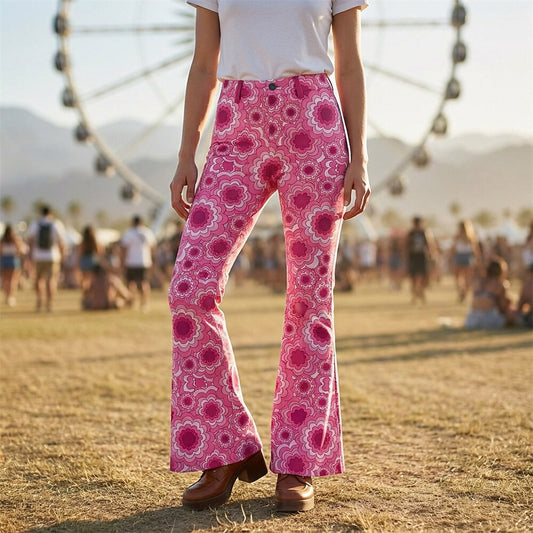 Retro 70s Geometric Floral High Waist Wide Flared Trousers