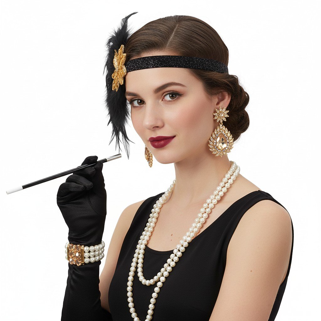1920s Black and Gold Flapper Accessory Set
