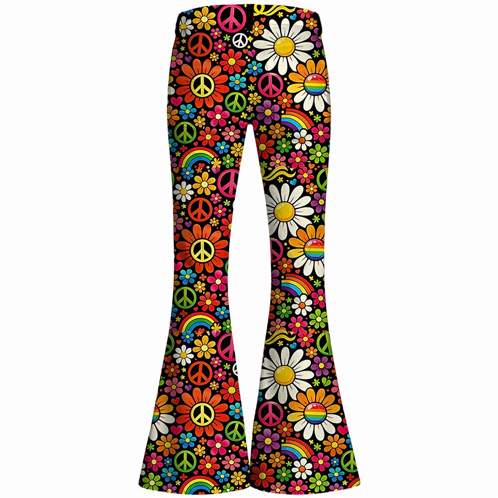Retro 70s Peace Sign Floral Rainbow High Waist Wide Flared Trousers
