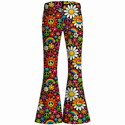 Retro 70s Peace Sign Floral Rainbow High Waist Wide Flared Trousers
