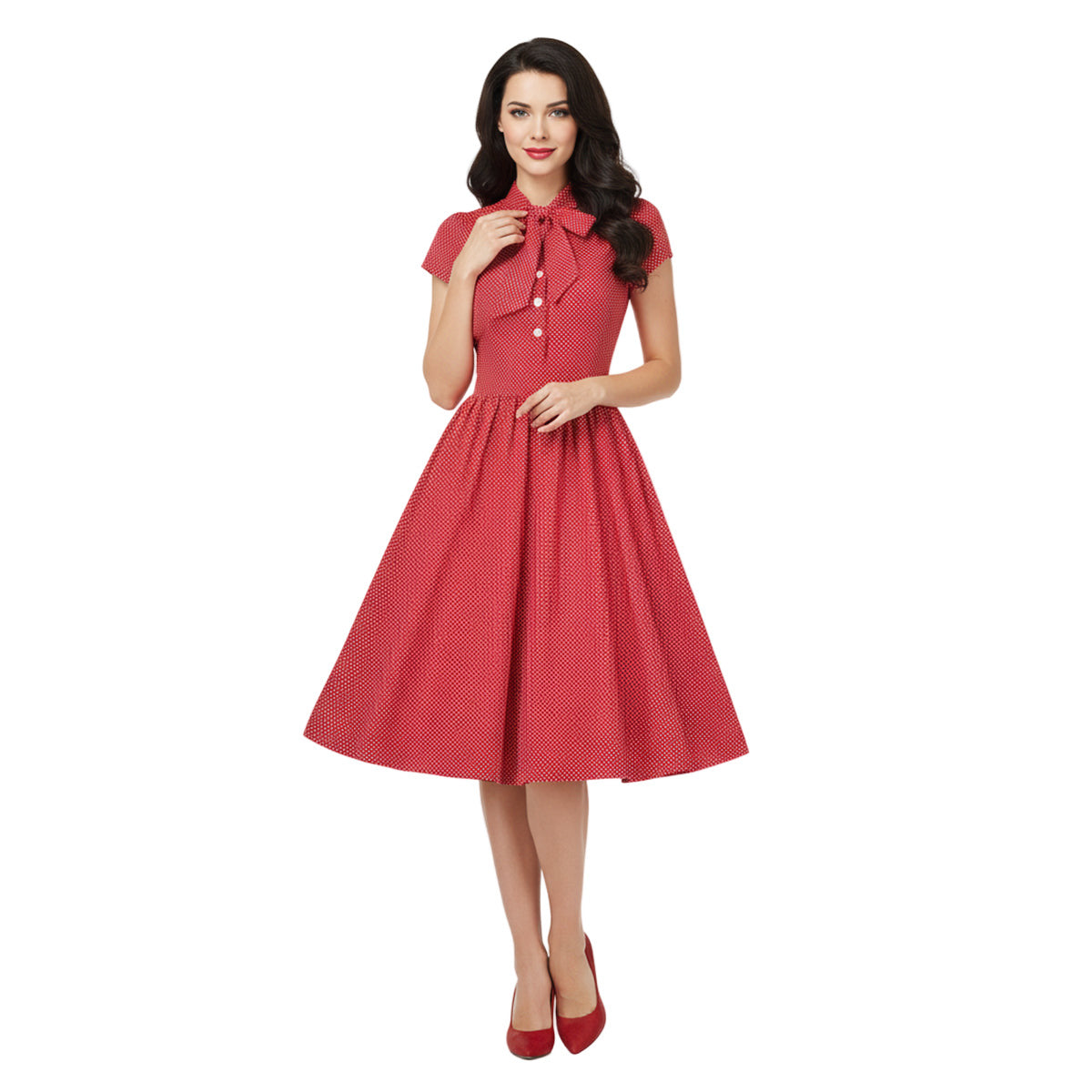 Women's 1950s Polka Dot Cap Sleeve Tie Collar Fit and Flare A-Line Dress