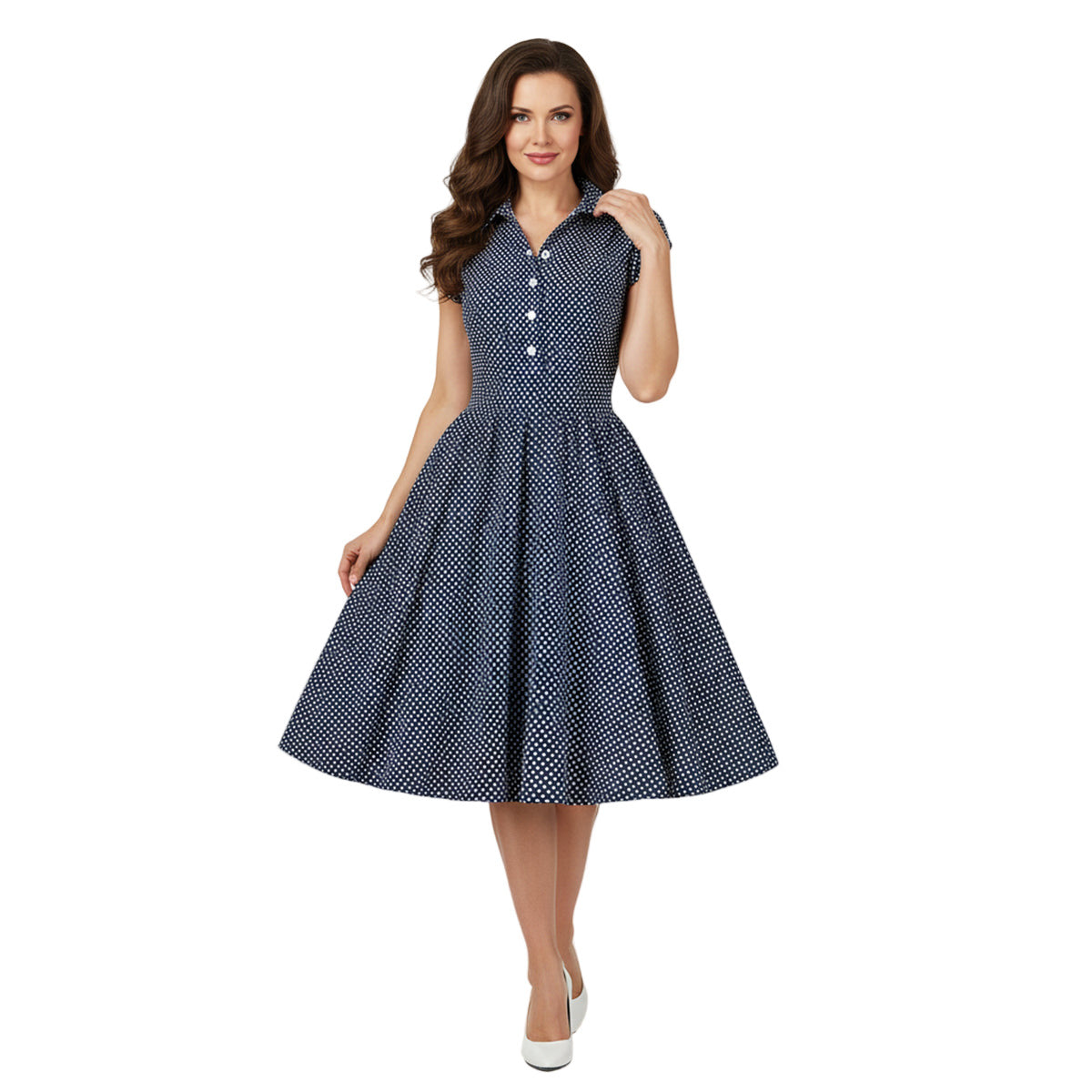 Women's 1950s Polka Dot Cap Sleeve Tie Collar Fit and Flare A-Line Dress
