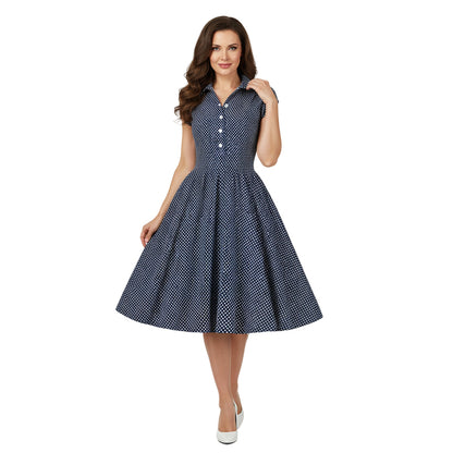 Women's 1950s Polka Dot Cap Sleeve Tie Collar Fit and Flare A-Line Dress