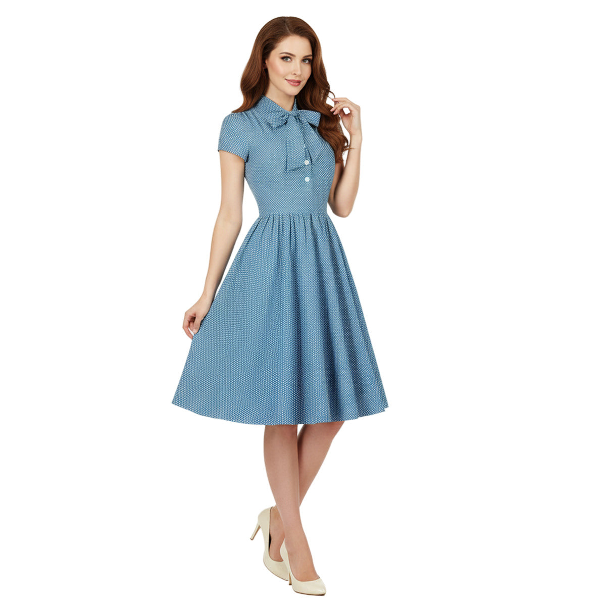 Women's 1950s Polka Dot Cap Sleeve Tie Collar Fit and Flare A-Line Dress