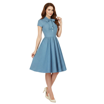 Women's 1950s Polka Dot Cap Sleeve Tie Collar Fit and Flare A-Line Dress