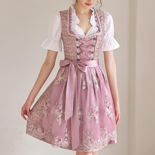 Oktoberfest Pink Dirndl Dress with Lace Apron and Blouse