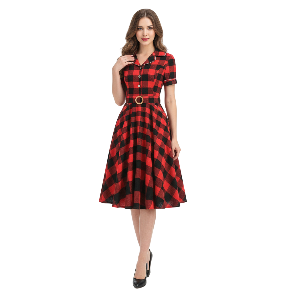 Women's 1950s Plaid Lapel Collar Swing Dress