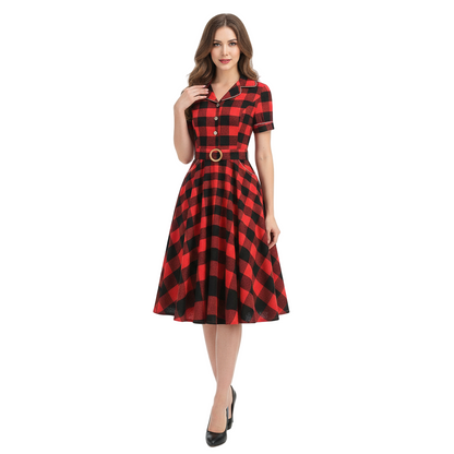 Women's 1950s Plaid Lapel Collar Swing Dress