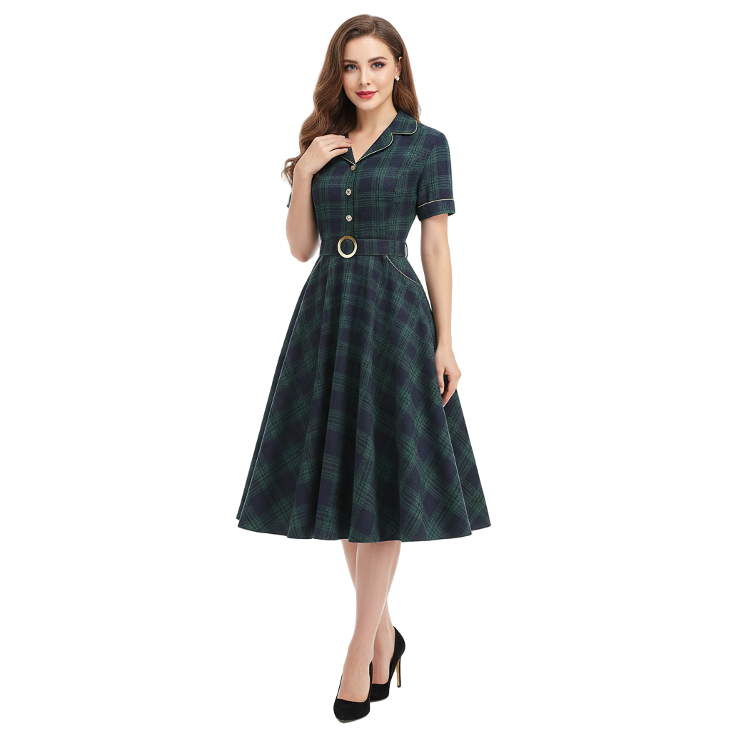 Women's 1950s Plaid Lapel Collar Swing Dress
