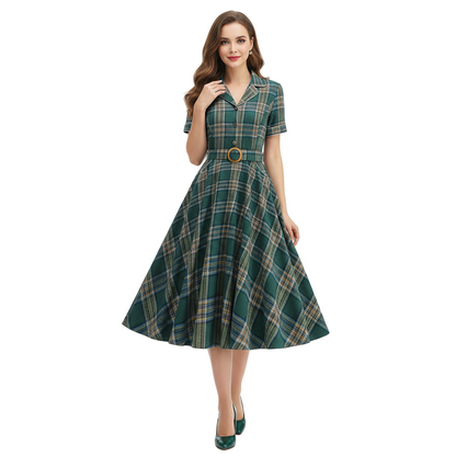 Women's 1950s Plaid Lapel Collar Swing Dress