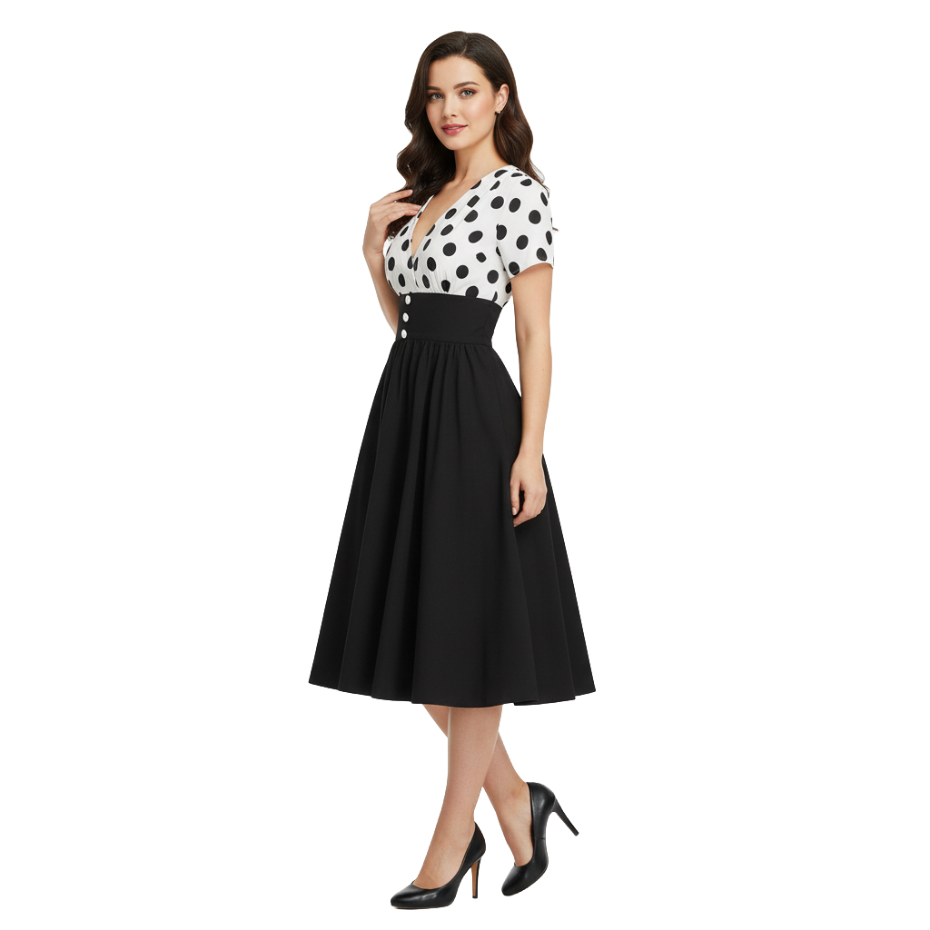 Women's 1950s Polka Dot V-Neck High Waist Swing Dress