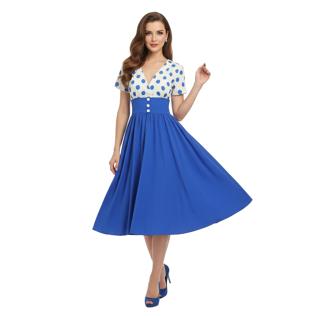 Women's 1950s Polka Dot V-Neck High Waist Swing Dress
