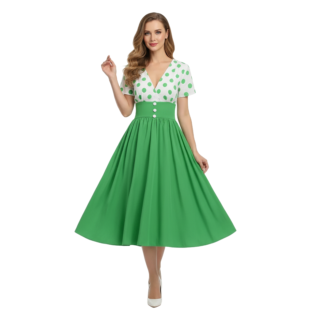 Women's 1950s Polka Dot V-Neck High Waist Swing Dress