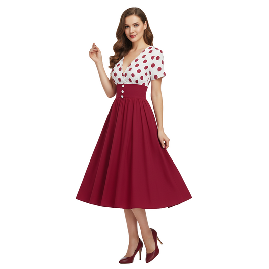 Women's 1950s Polka Dot V-Neck High Waist Swing Dress