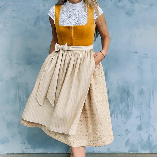 Oktoberfest Orange Vintage Dirndl Dress with Beige Apron