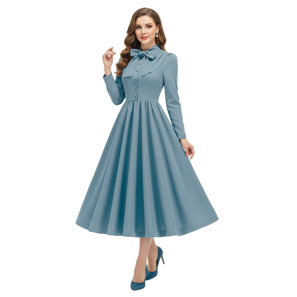 Women's 1950s Bow Tie Neck Long Sleeve A-Line Dress