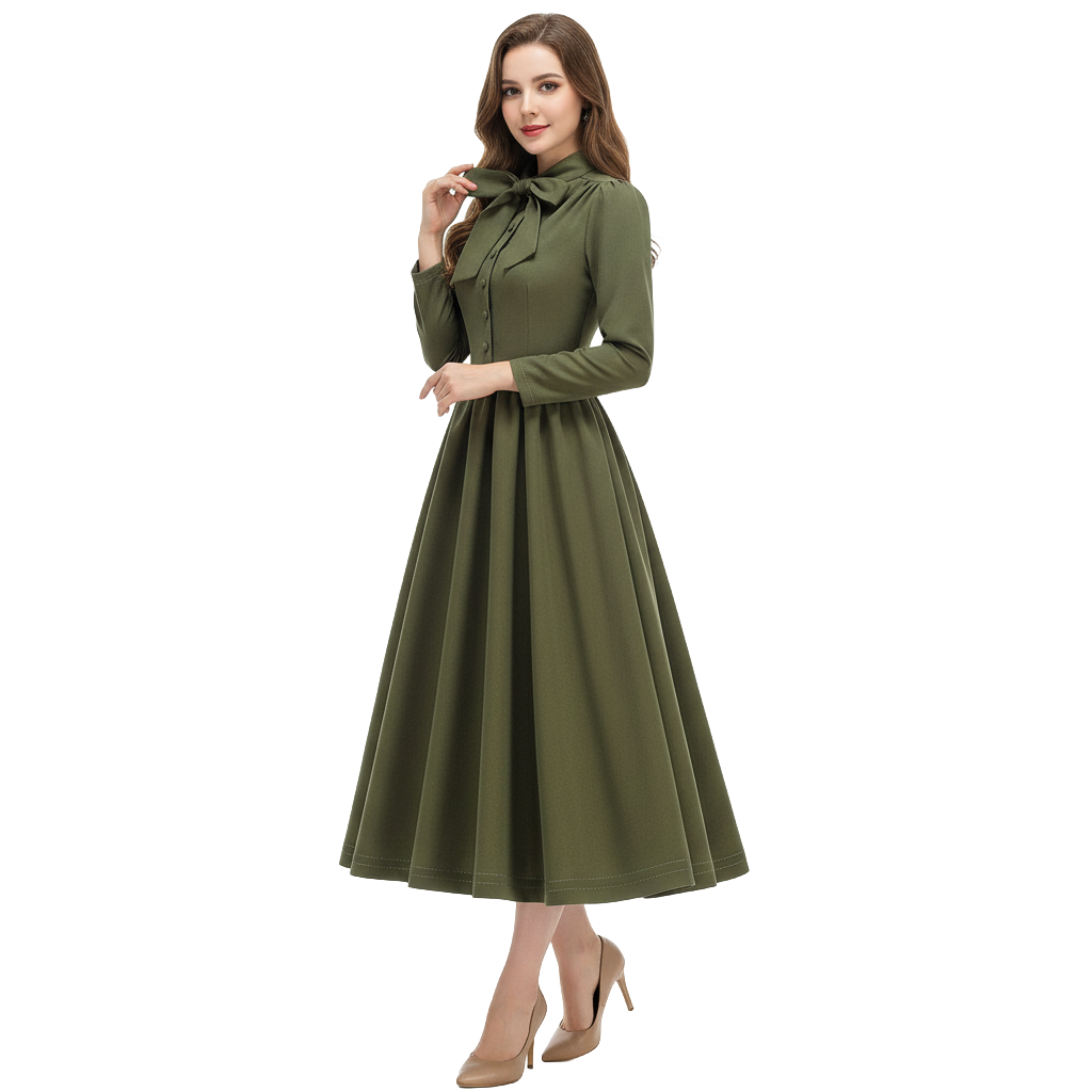 Women's 1950s Bow Tie Neck Long Sleeve A-Line Dress