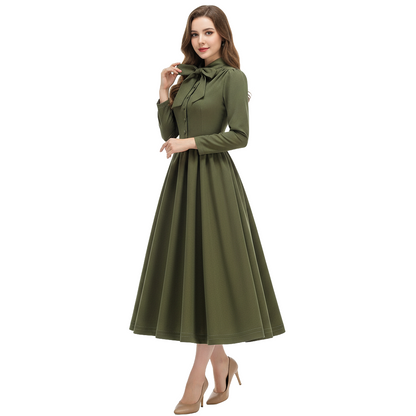 Women's 1950s Bow Tie Neck Long Sleeve A-Line Dress
