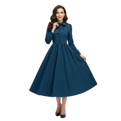 Women's 1950s Bow Tie Neck Long Sleeve A-Line Dress