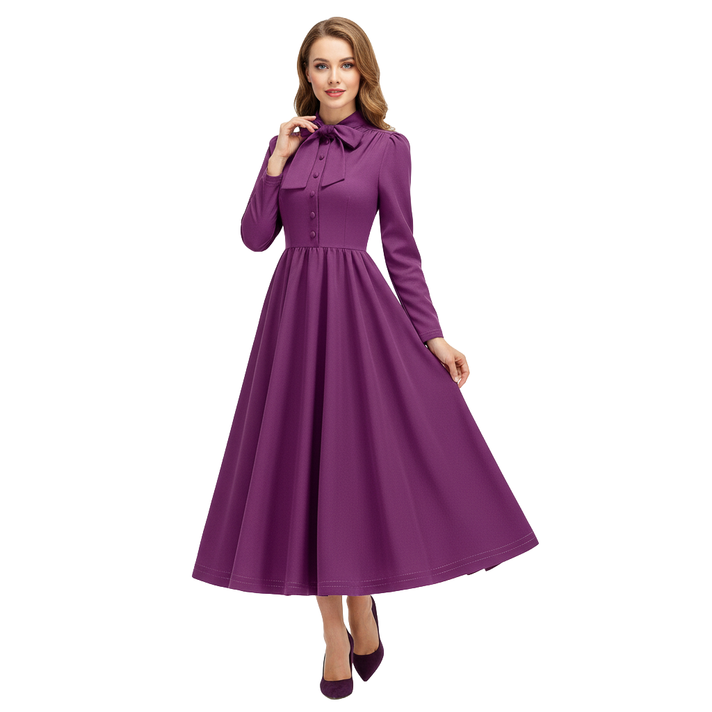 Women's 1950s Bow Tie Neck Long Sleeve A-Line Dress