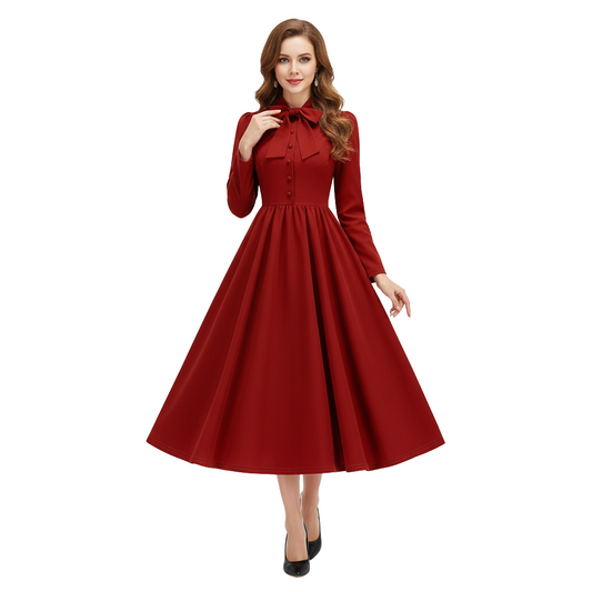 Women's 1950s Bow Tie Neck Long Sleeve A-Line Dress