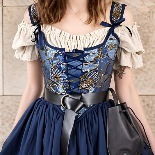 Renaissance Style Blue Pattern Corset Vest U-Back