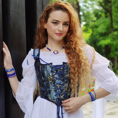 Renaissance Style Blue Pattern U-Back Corset Vest