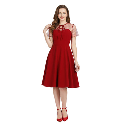 Women's 1950s Polka Dot Patchwork Tie Neck Sweetheart A-Line Dress