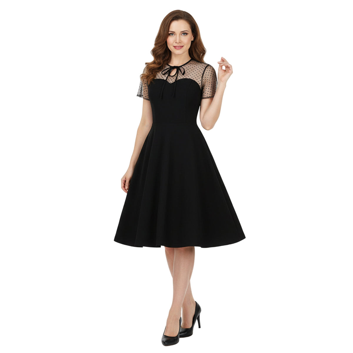 Women's 1950s Polka Dot Patchwork Tie Neck Sweetheart A-Line Dress