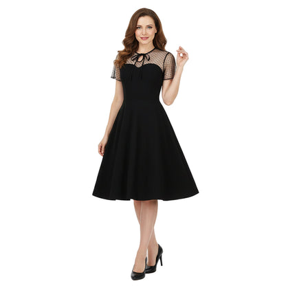 Women's 1950s Polka Dot Patchwork Tie Neck Sweetheart A-Line Dress