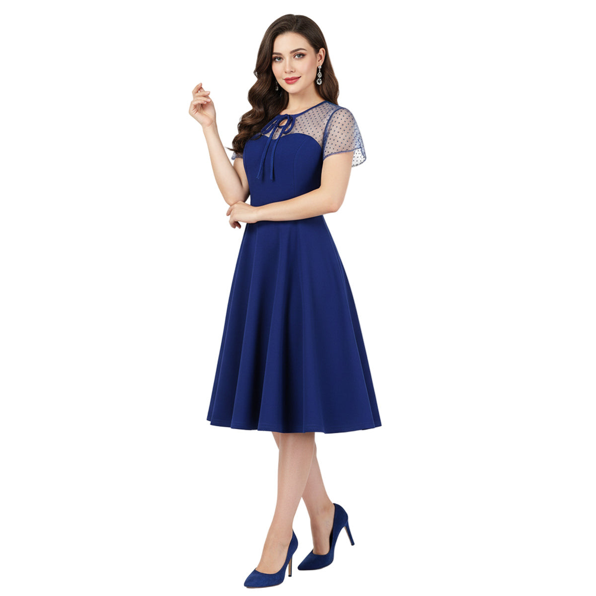 Women's 1950s Polka Dot Patchwork Tie Neck Sweetheart A-Line Dress