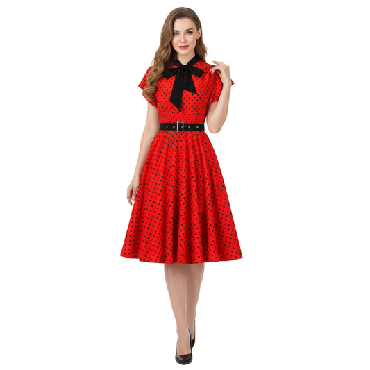 Women's 1950s Polka Dot Bow Tie Neck Short Sleeve A-Line Rockabilly Dress